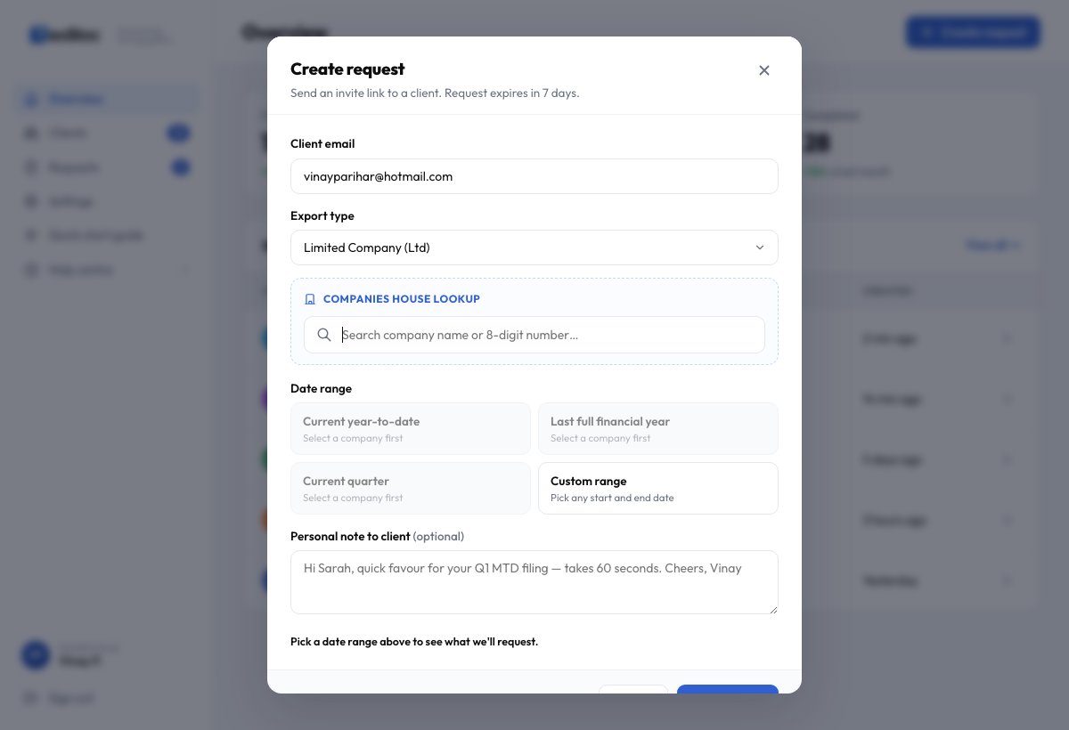 Empty Create request form