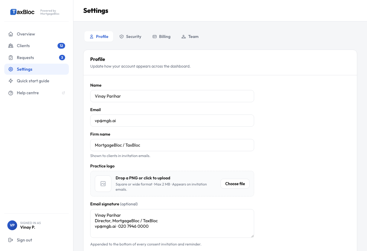 Settings → Profile, the destination for the first walkthrough slide
