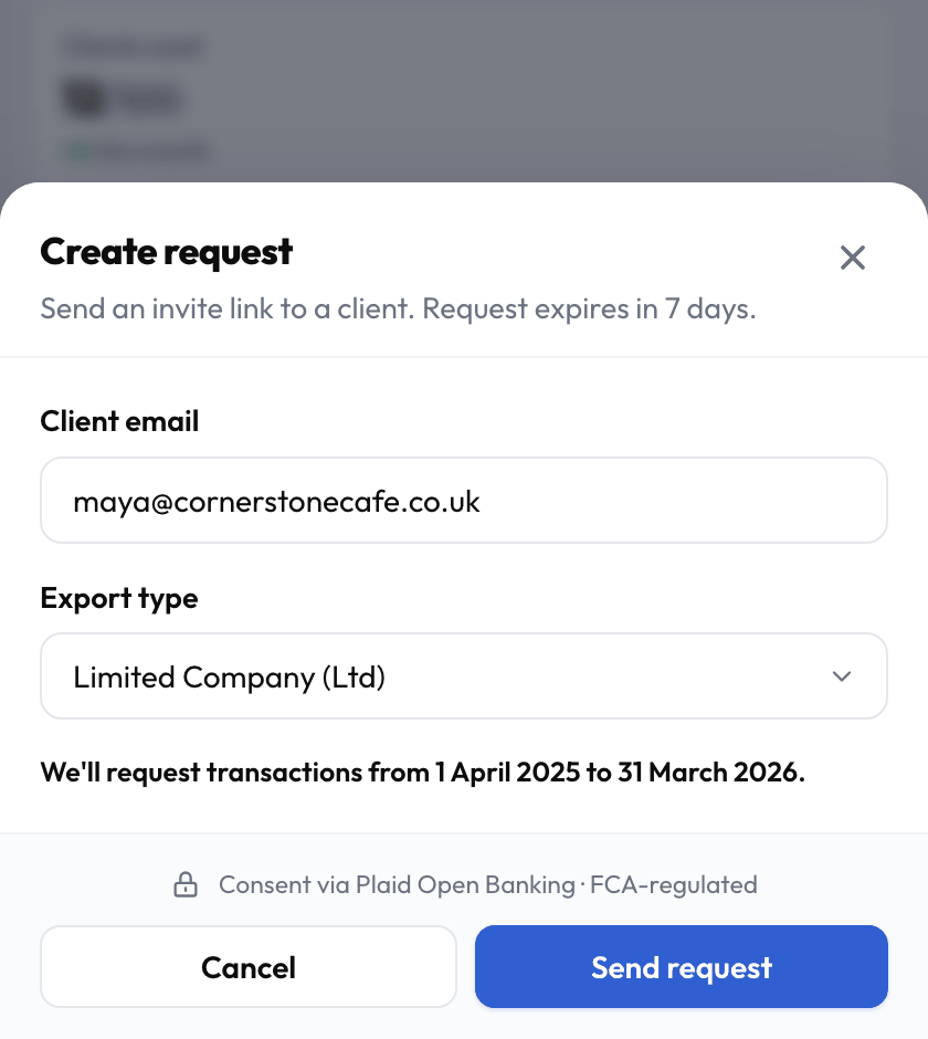 The TaxBloc Create request screen with the client's email address entered and a Send request button