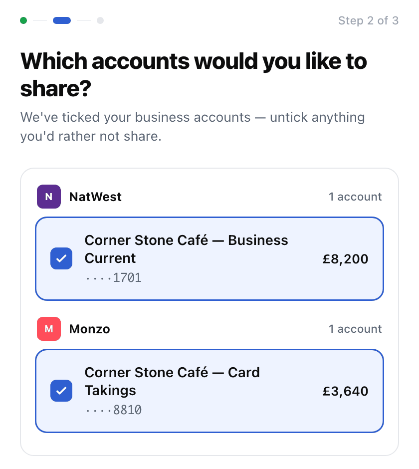 What the client sees: their business accounts at two banks, ticked and ready to share