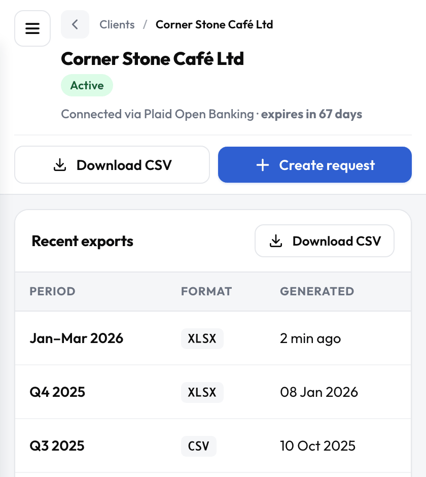 The same client in TaxBloc, now connected, with each period's export ready to download as CSV